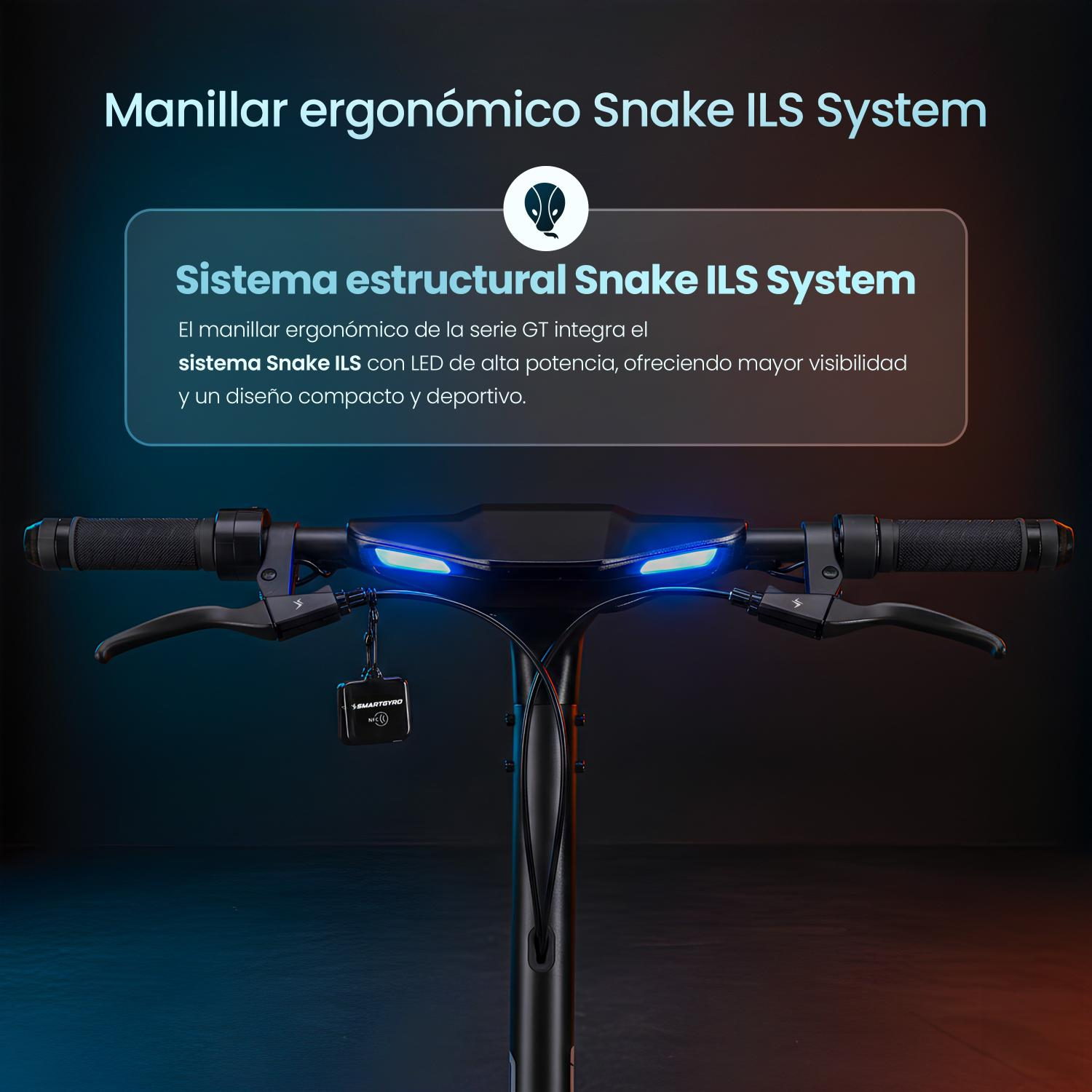 Manillar de patinete negro con LEDs azules y texto sobre el sistema Snake ILS.