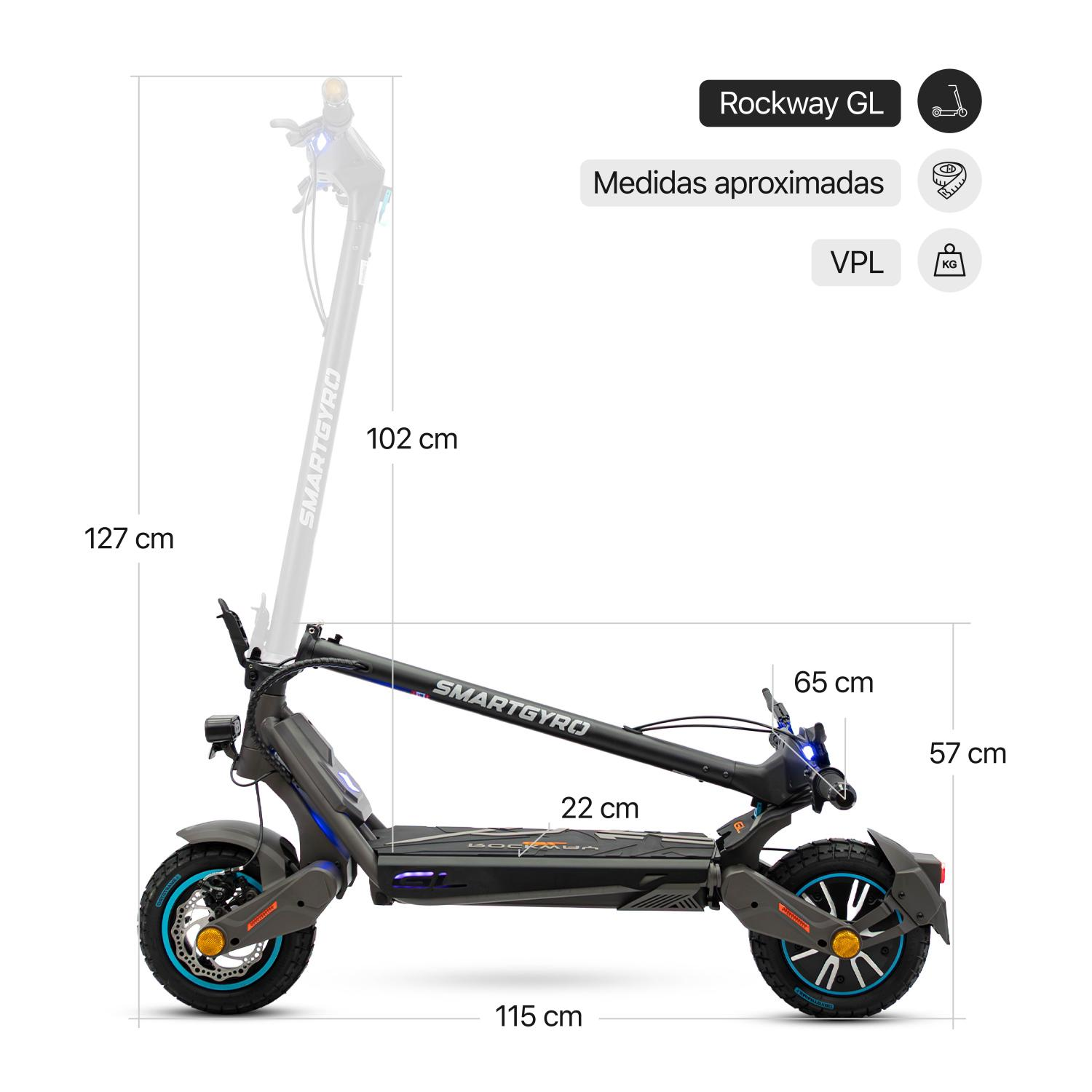 Un patinete eléctrico negro con detalles azules, se muestran dimensiones.