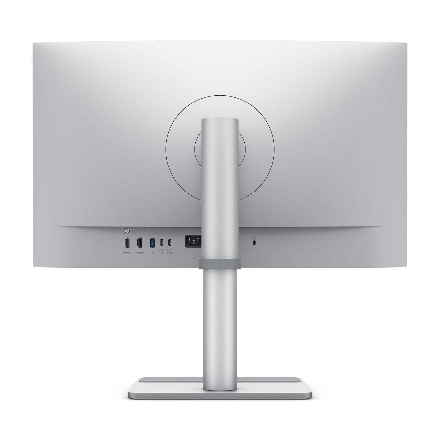Retro di un monitor argentato con porte come HDMI, USB-C e ingresso di alimentazione.