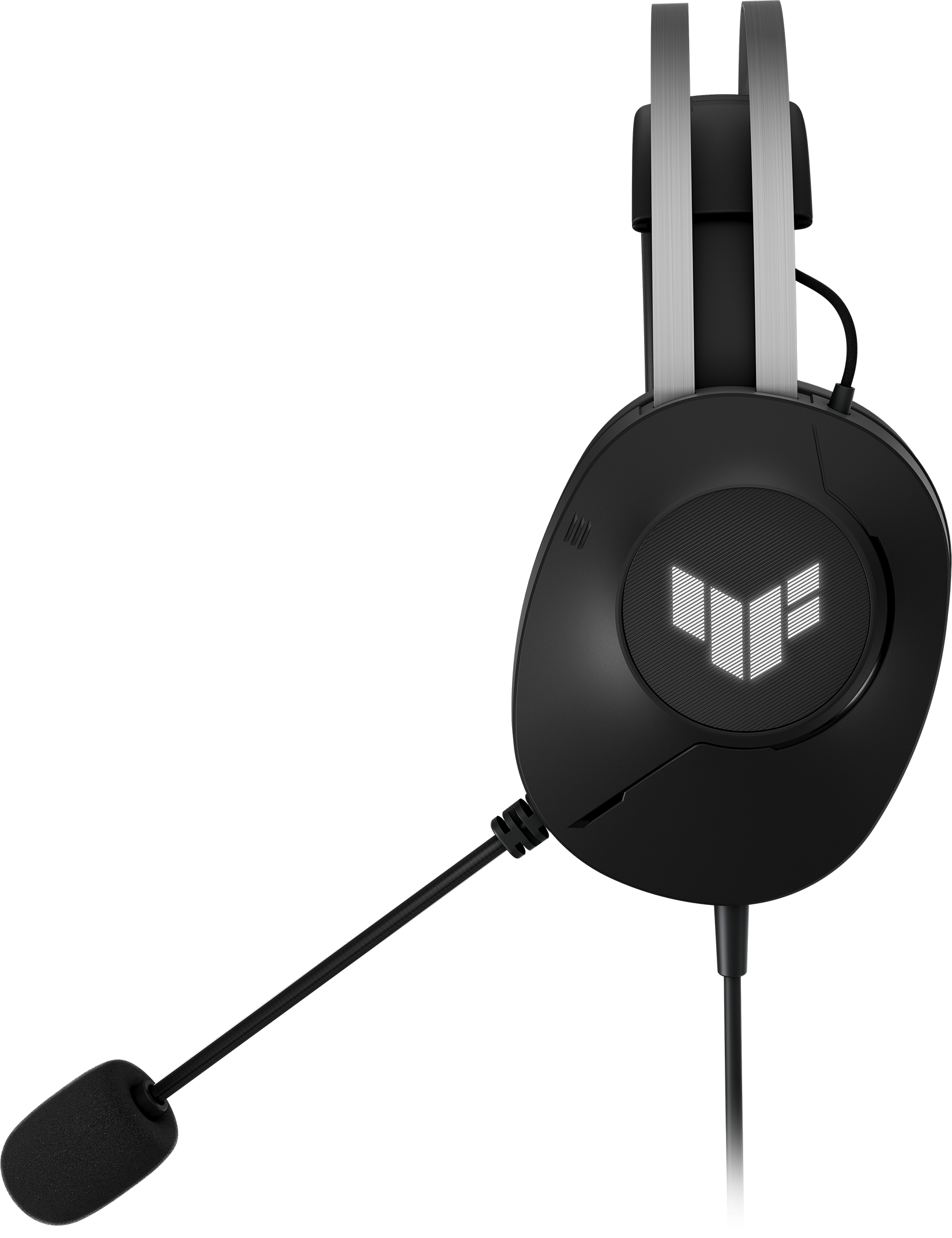 Cuffie da gaming nere con microfono e logo illuminato su sfondo nero.