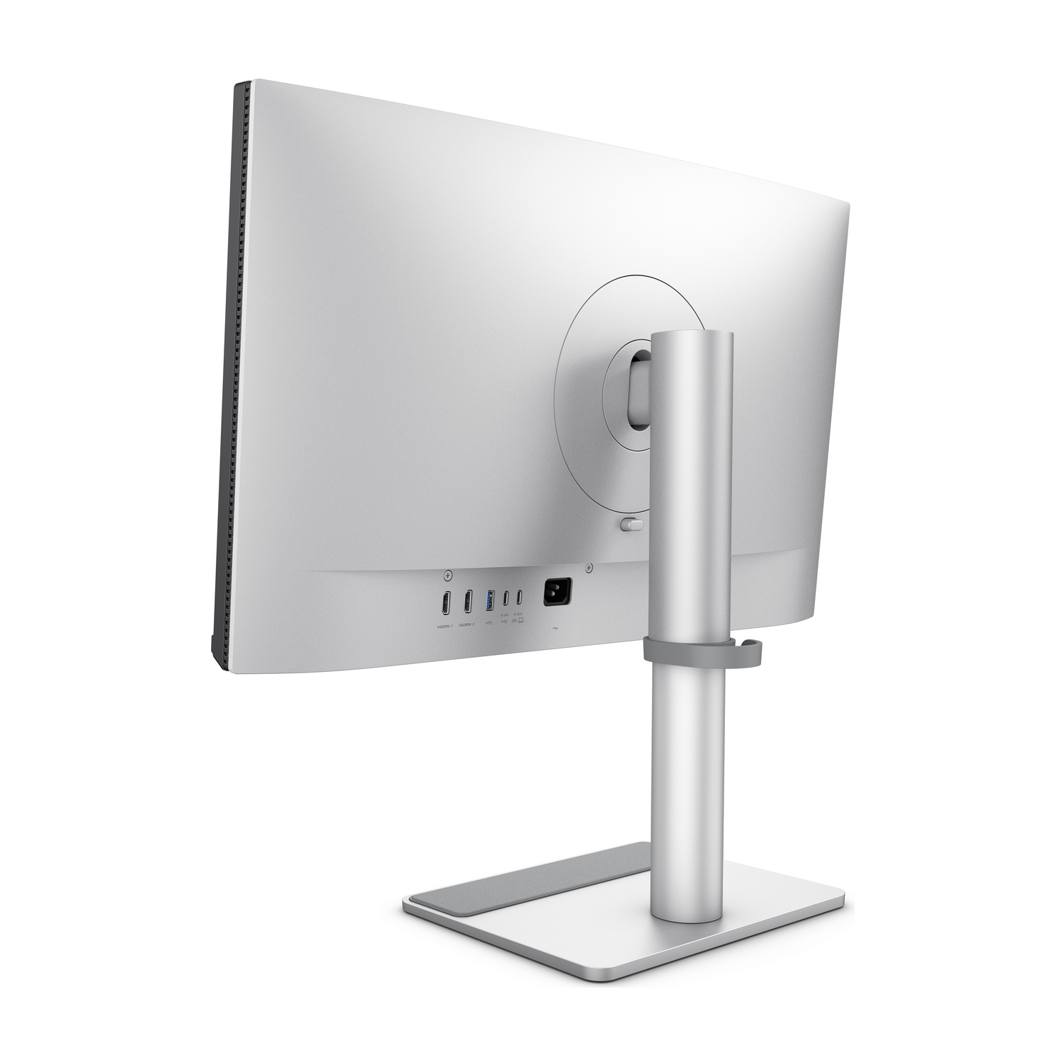 Vista posteriore di un monitor argento con porte e supporto.