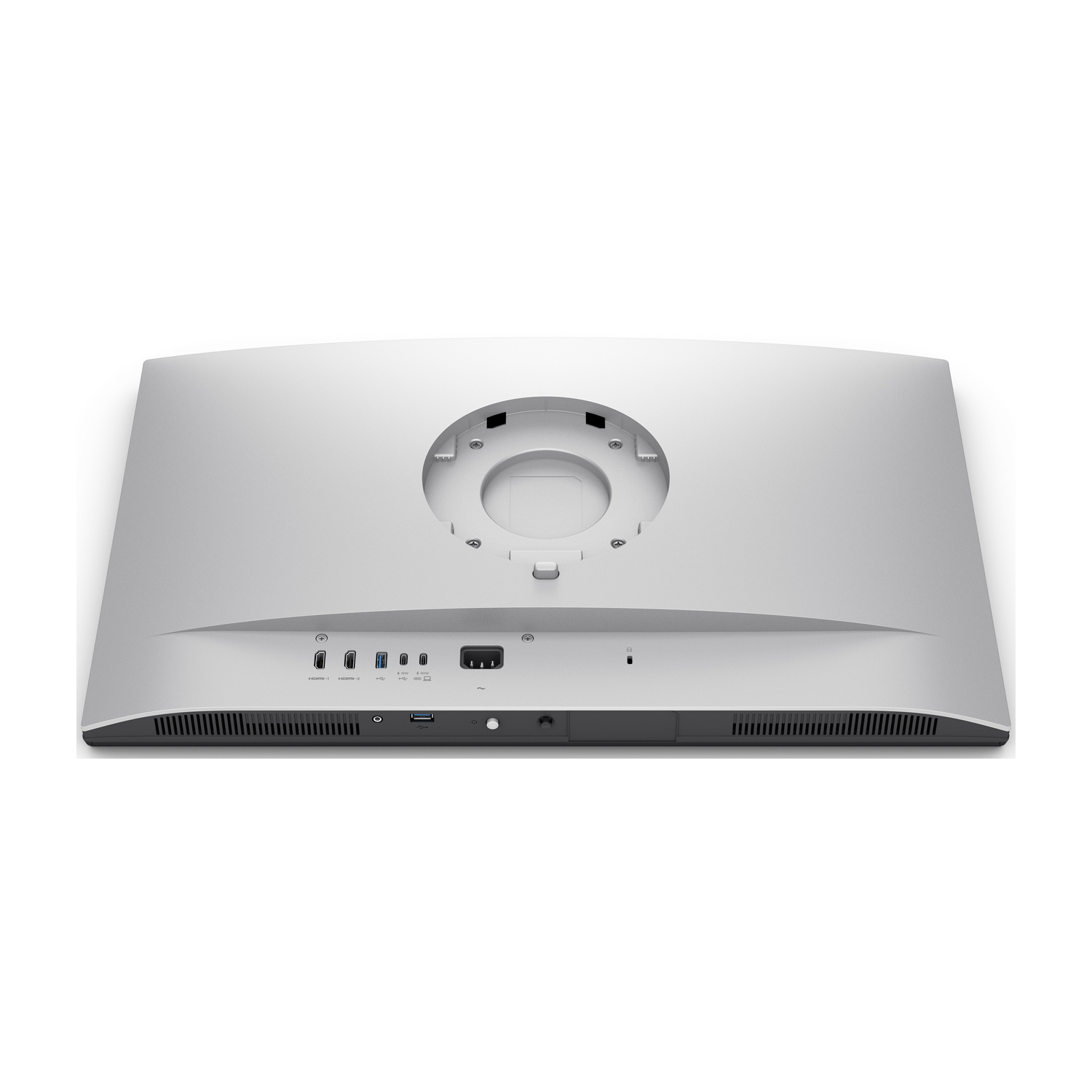 Retro di un monitor argentato con porte come HDMI, USB-C e fessure di ventilazione.