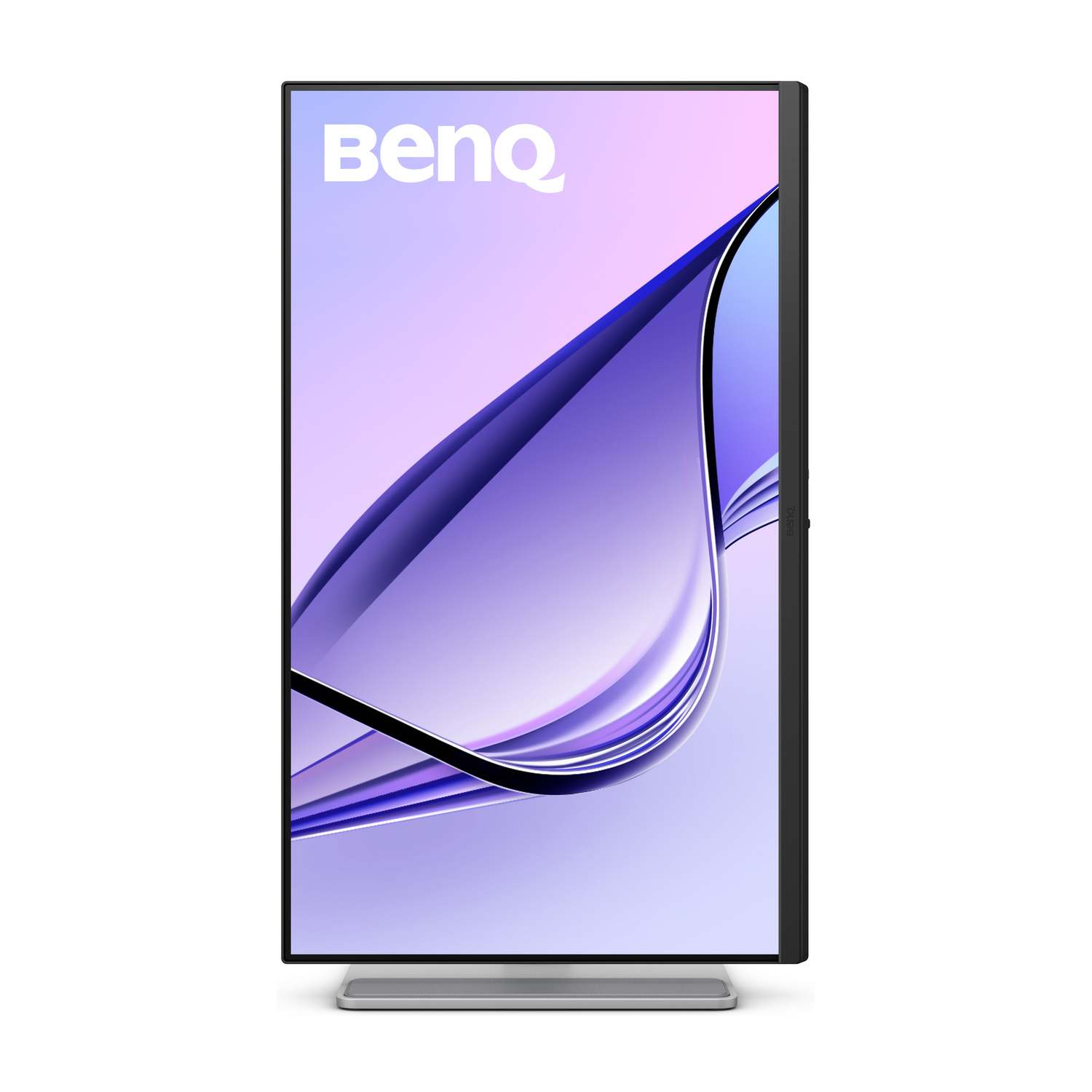 Un moderno monitor BenQ con sfondo viola astratto e supporto argentato.