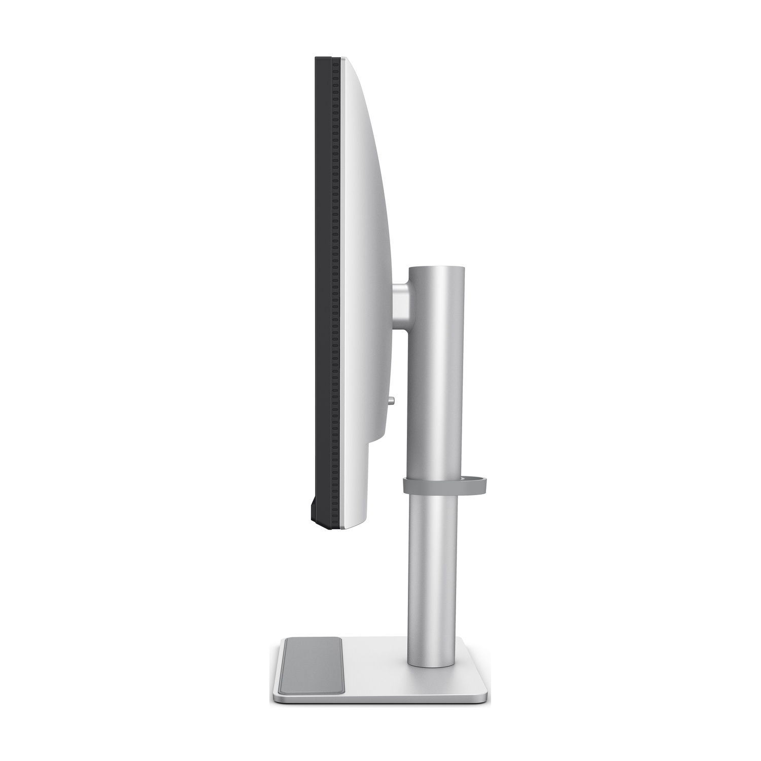 Vista laterale di un monitor sottile e argentato con cornice nera su supporto argentato.