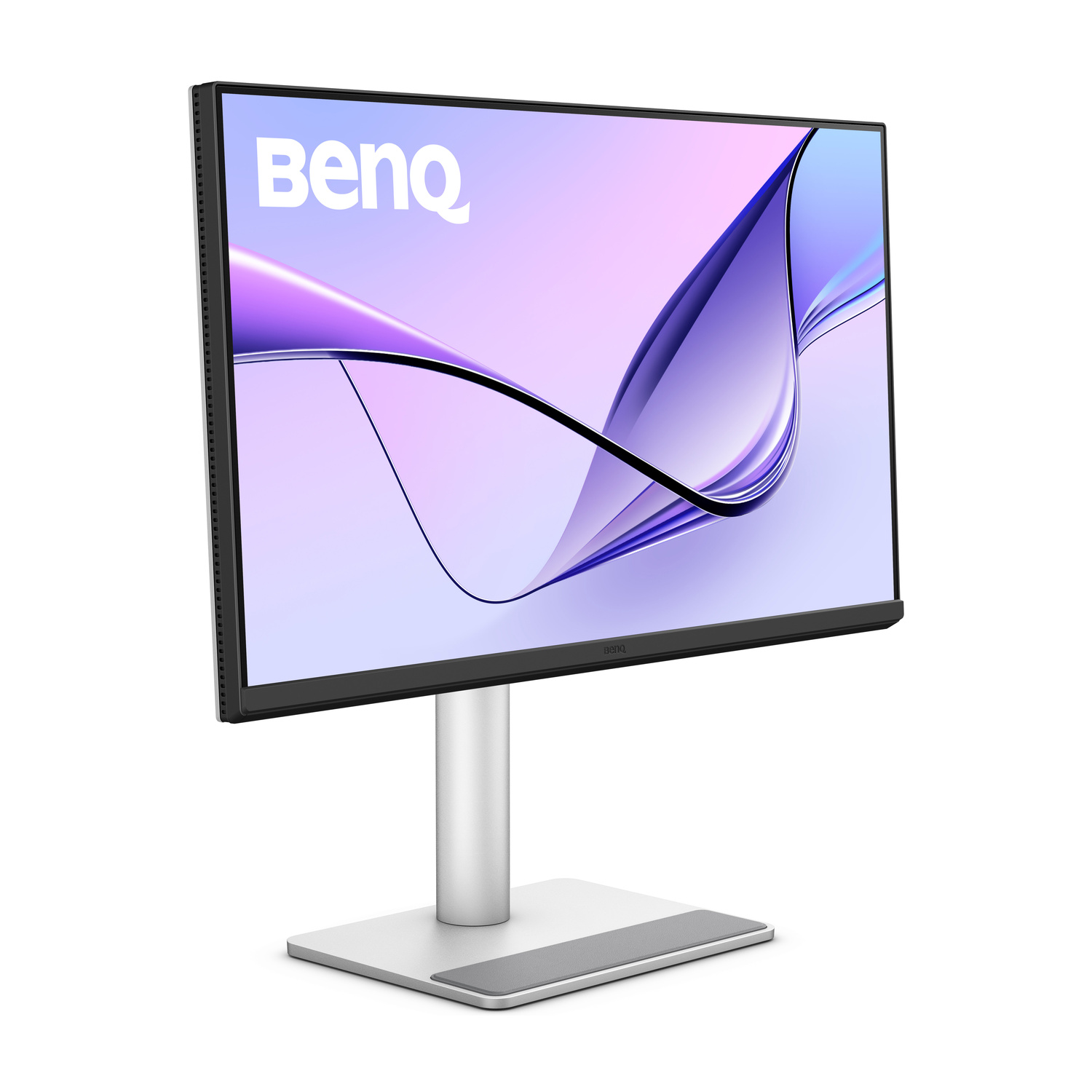 Un moderno monitor BenQ con supporto argentato e sfondo stilizzato viola-blu.