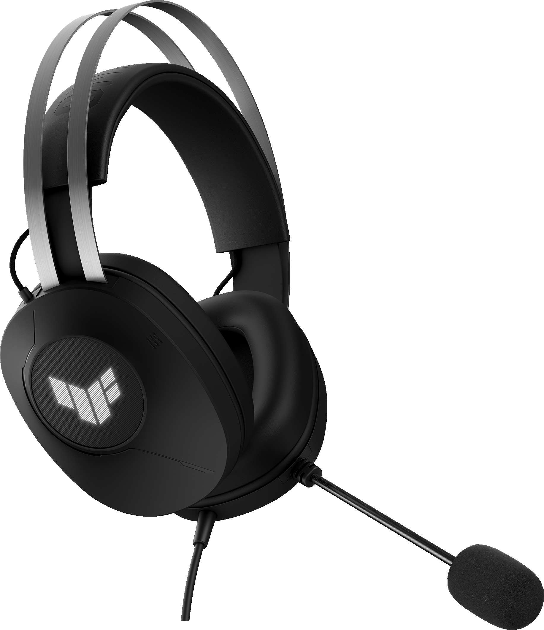 Cuffie da gaming nere con accenti argentati e microfono.