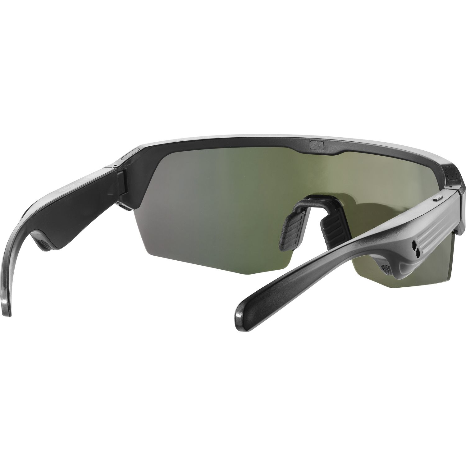 Gafas de sol deportivas negras con lentes tintadas y patillas anchas.