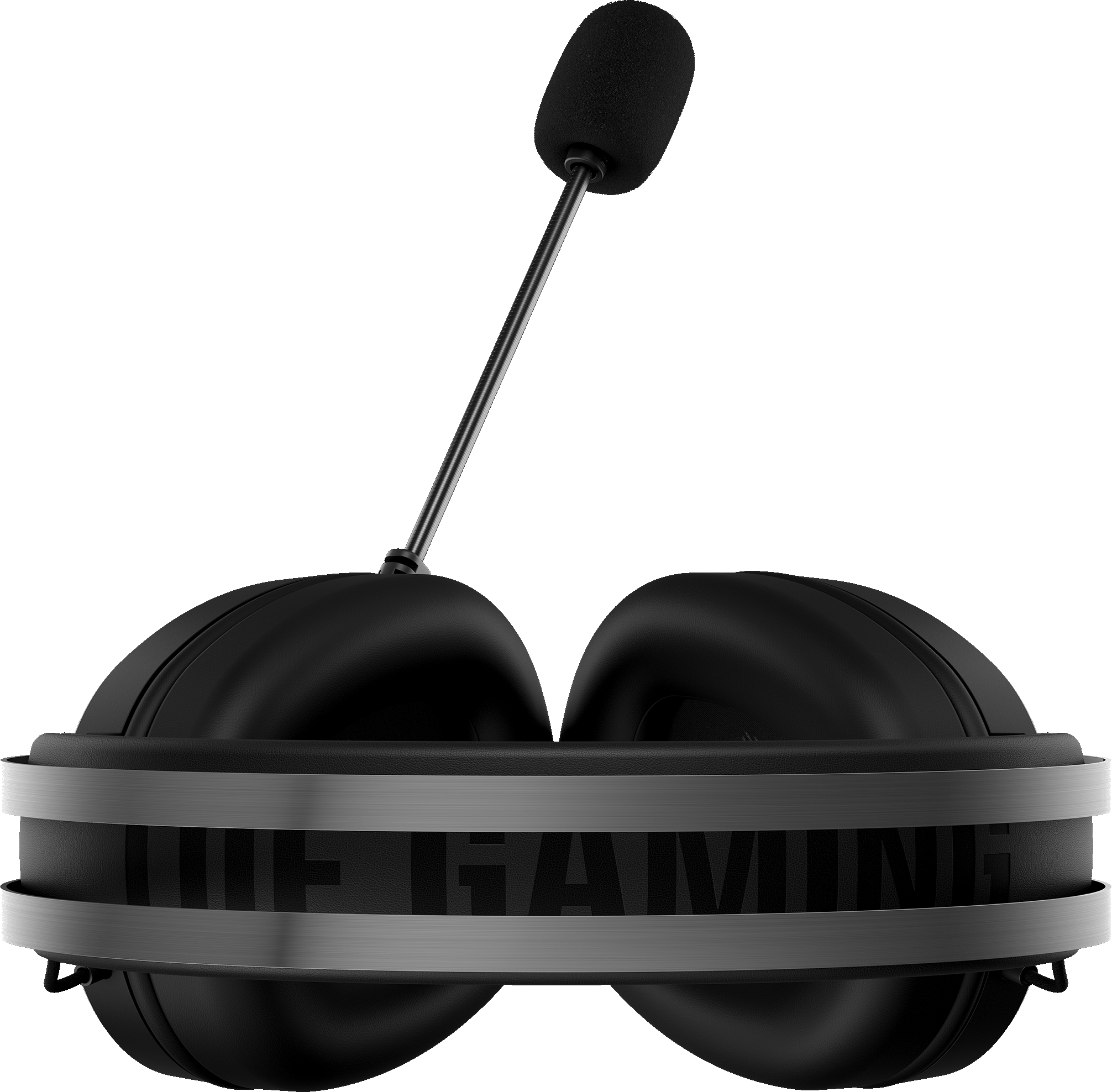 Cuffie da gaming nere con microfono e accenti argentati.