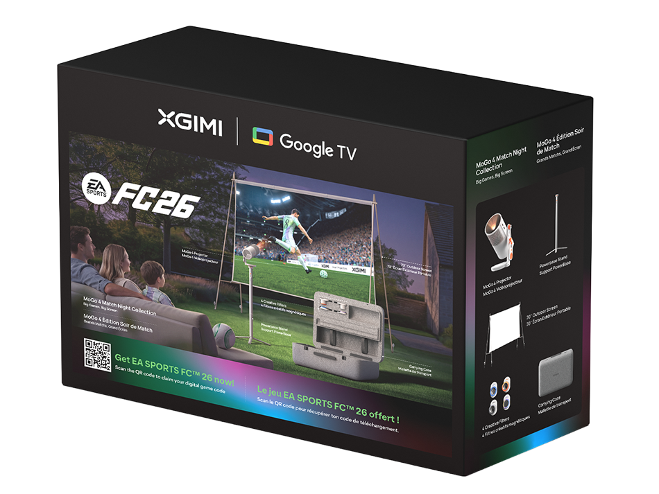 Caja XGIMI FC26 con proyector, pantalla, soporte y accesorios para una experiencia de fútbol.