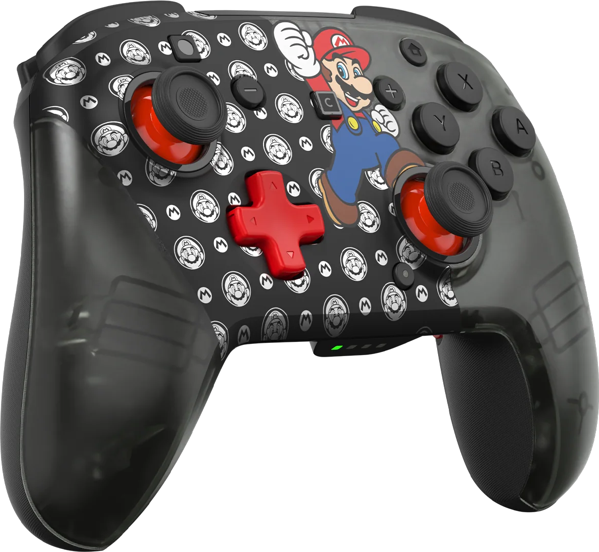 Schwarzer Nintendo-Controller mit Mario-Grafik und rotem D-Pad. Mario-Münzmuster.