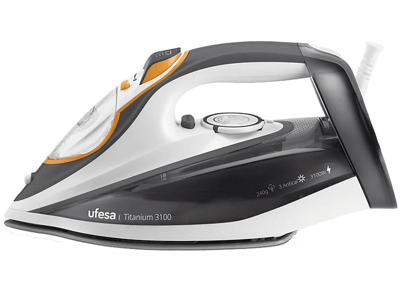 Plancha de vapor - Ufesa Titanium 3100, Golpe 240 g/min, 320 ml, Sistema antical 3 en 1, 3100W, Naranja, Blanco y Gris