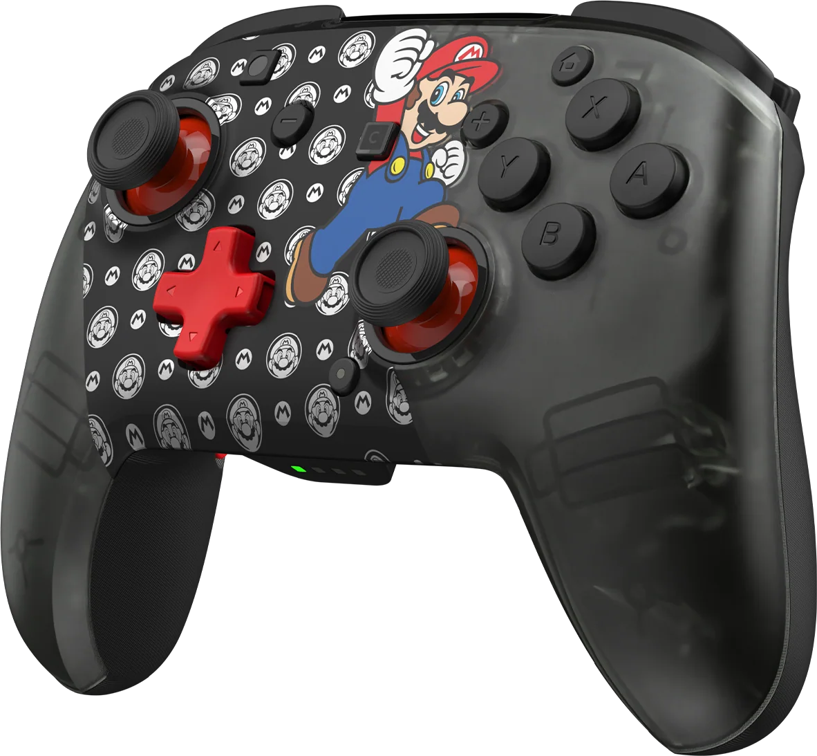 Schwarzer Nintendo-Controller mit Mario-Motiv und roten Akzenten.