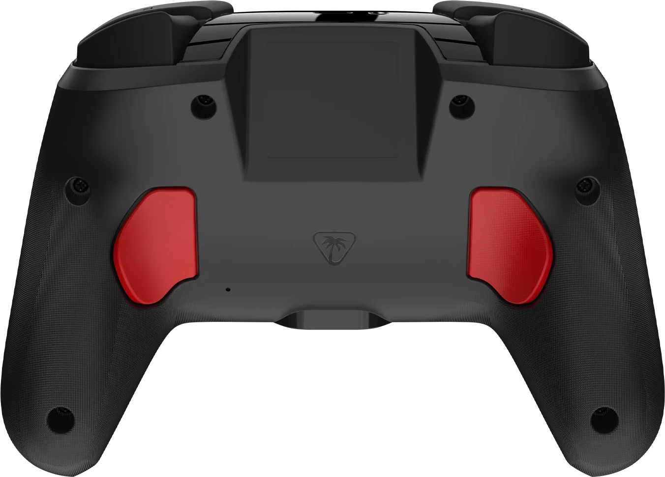 Rückseite eines schwarzen Controllers mit roten Akzenten und einem Palm-Logo.