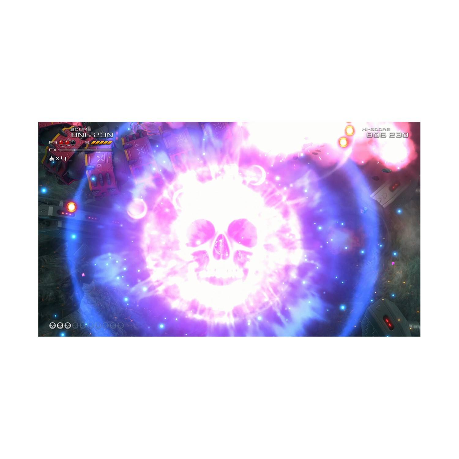 Una calavera explotando en colores neón sobre fondo espacial.