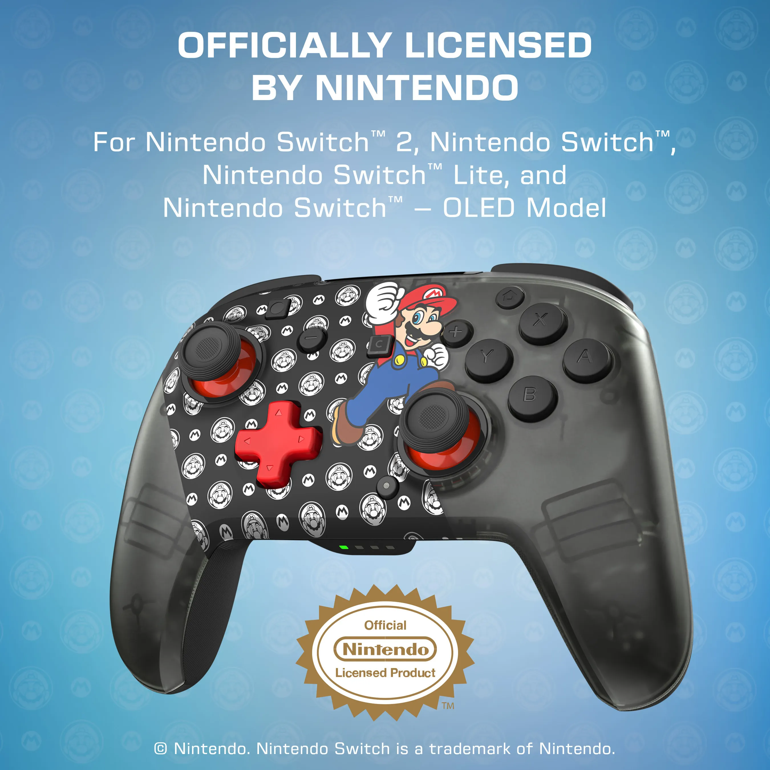 Ein schwarzer Nintendo Switch Controller mit Mario-Motiv und roten Akzenten.