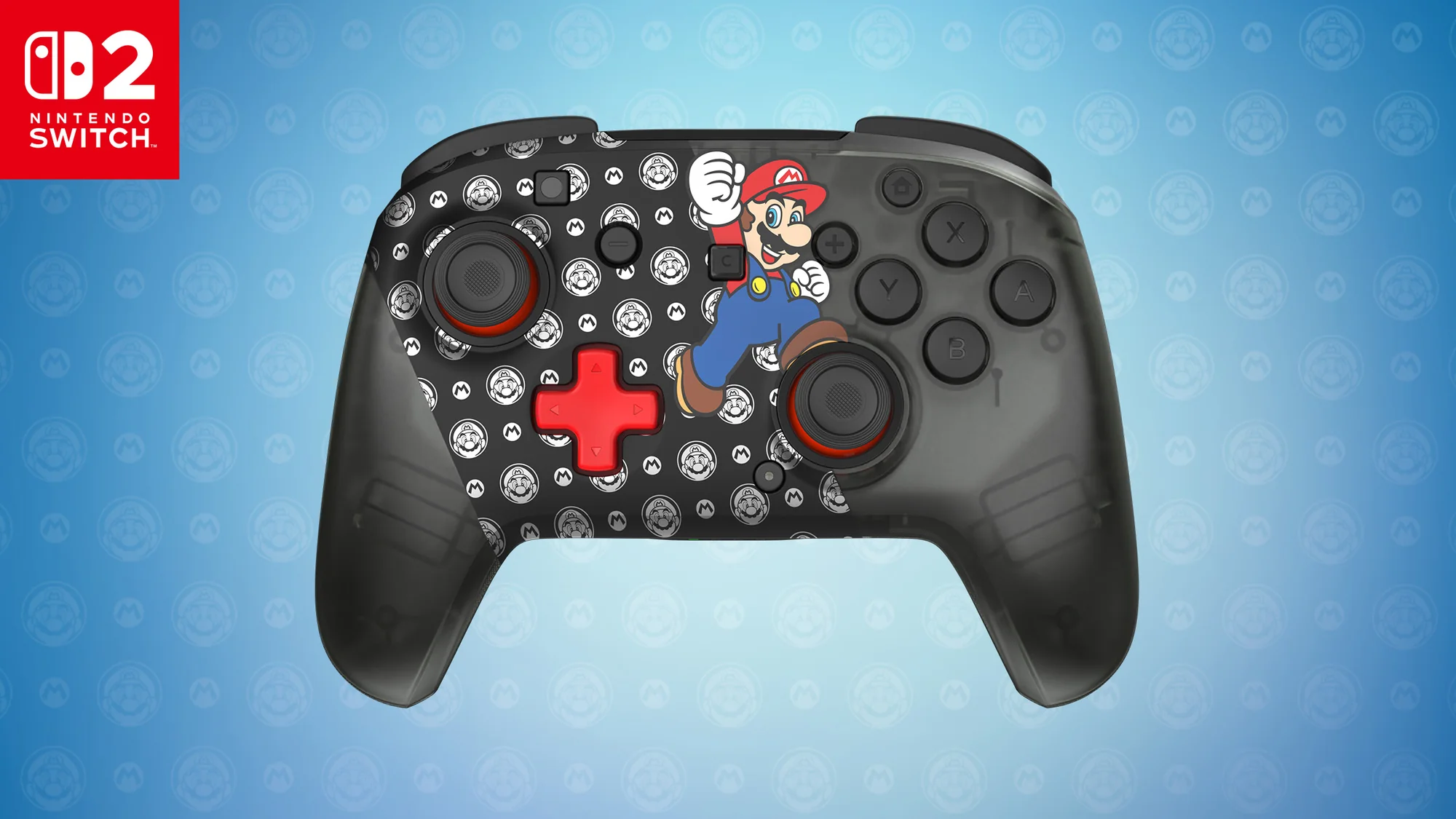 Ein Nintendo Switch Controller mit Mario-Motiv auf blauem Hintergrund.