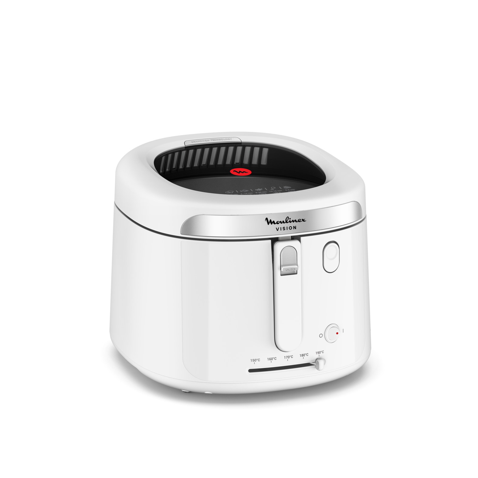 Una friggitrice Moulinex Vision bianca con controllo temperatura e timer.