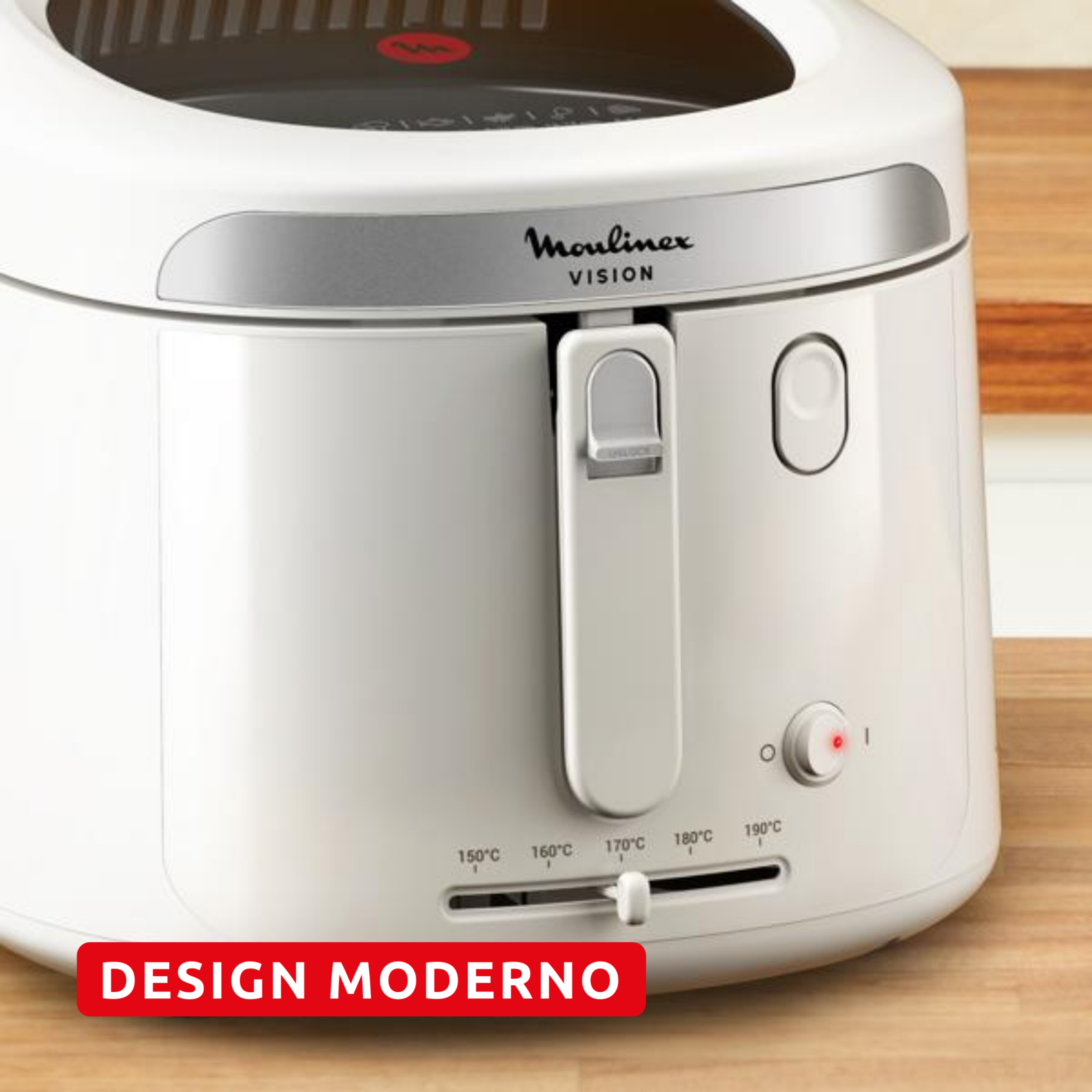 Friggitrice bianca con logo Moulinex VISION e selettore temperatura 150-190°C.