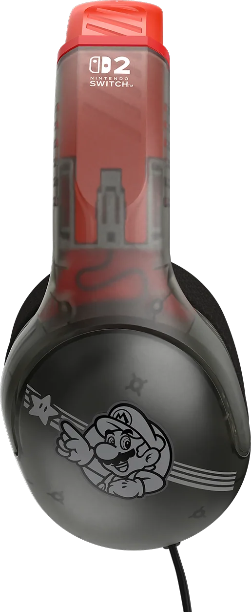 Ein grauer Kopfhörer mit Mario-Motiv und Nintendo Switch-Logo.