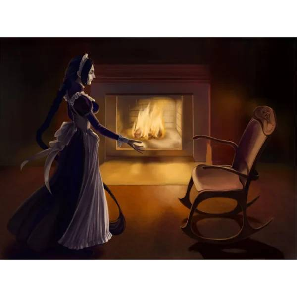 Una sirvienta con vestido azul junto a una chimenea, alcanzando una mecedora vacía.