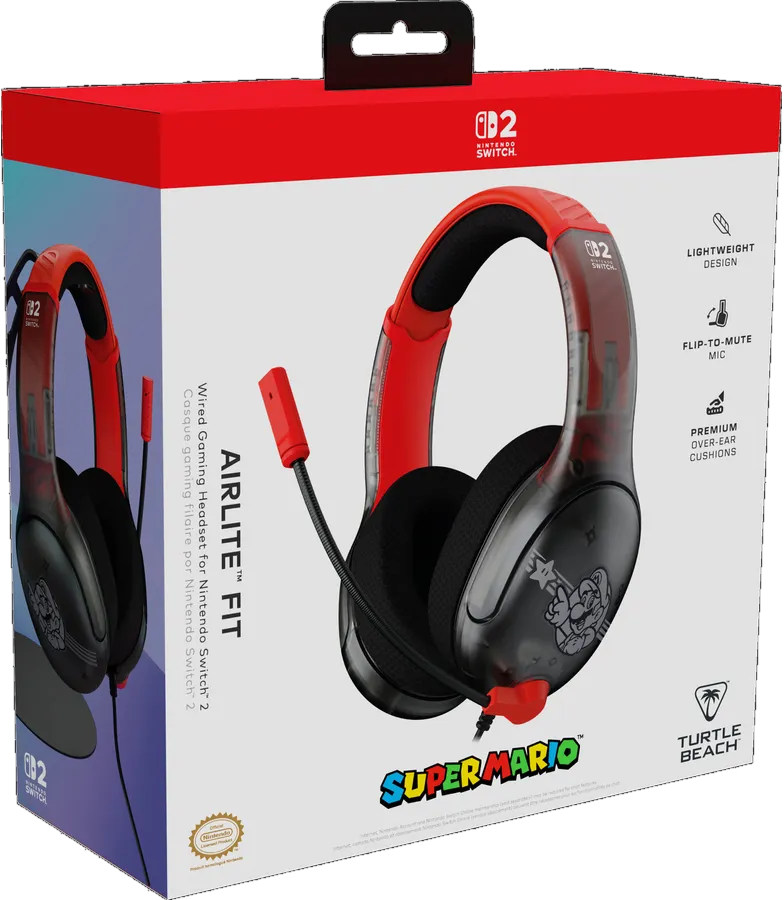 Verpackung für kabellose Gaming-Kopfhörer mit Mario-Motiv für Nintendo Switch.