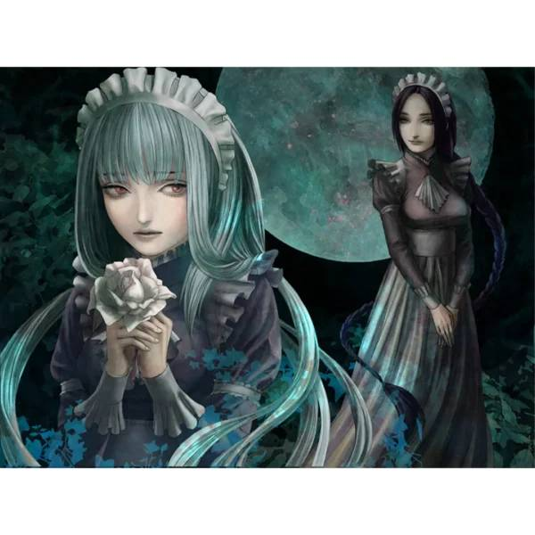 Dos chicas estilo anime con atuendo victoriano ante una gran luna en la oscuridad.