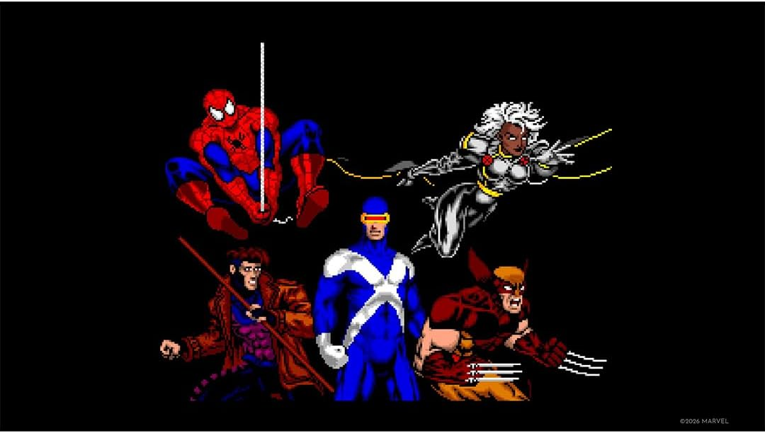 Cinco superhéroes de Marvel sobre fondo negro: Spiderman, Gambit, Cíclope, Tormenta y Lobezno.