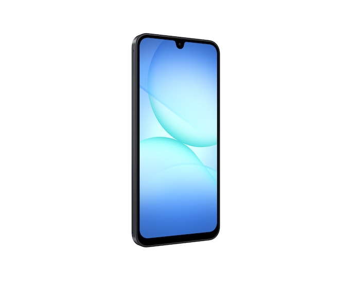 Ein schwarzes Smartphone mit einem blauen und türkisfarbenen Hintergrundbild.