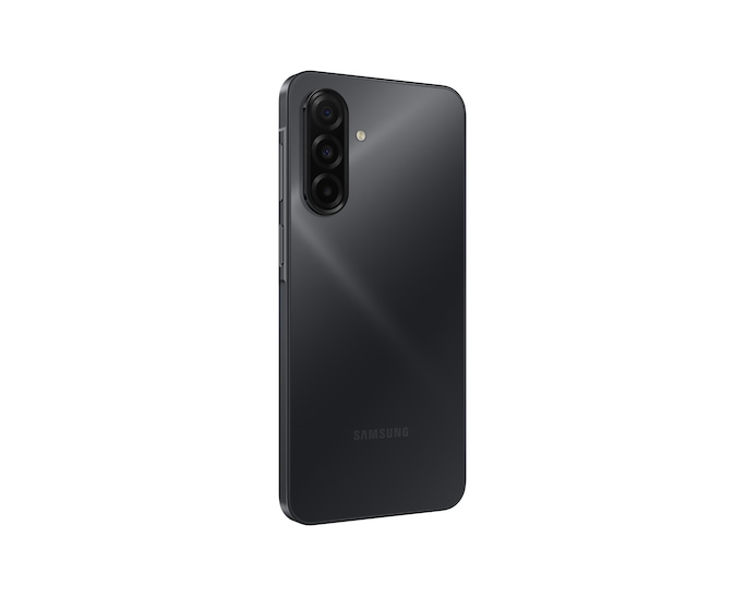 Rückansicht eines dunklen Smartphones mit drei Kameras und Samsung-Logo.