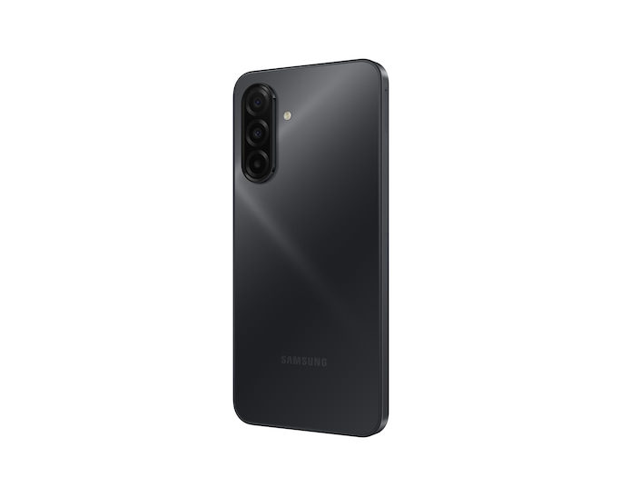 Dunkelgraues Samsung-Smartphone von hinten mit drei Kameras und Blitz.