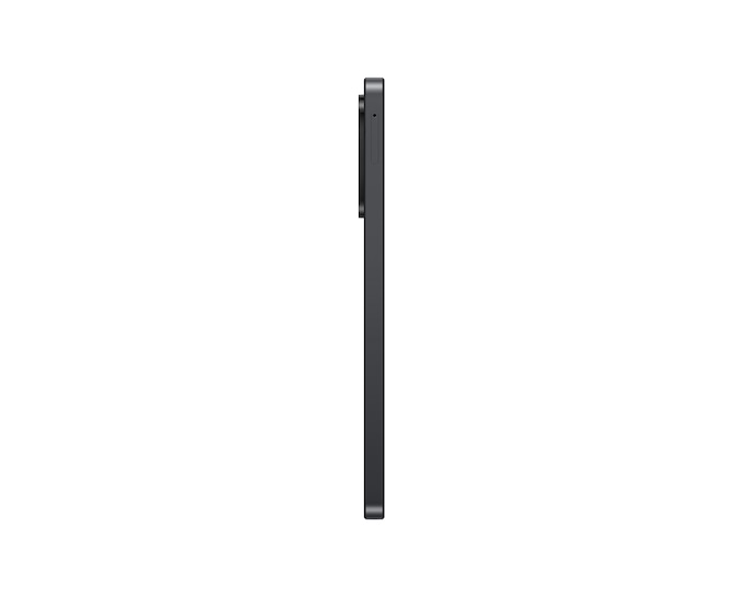 Schwarzes Smartphone im Profil auf weißem Hintergrund mit sichtbarer Kamera.
