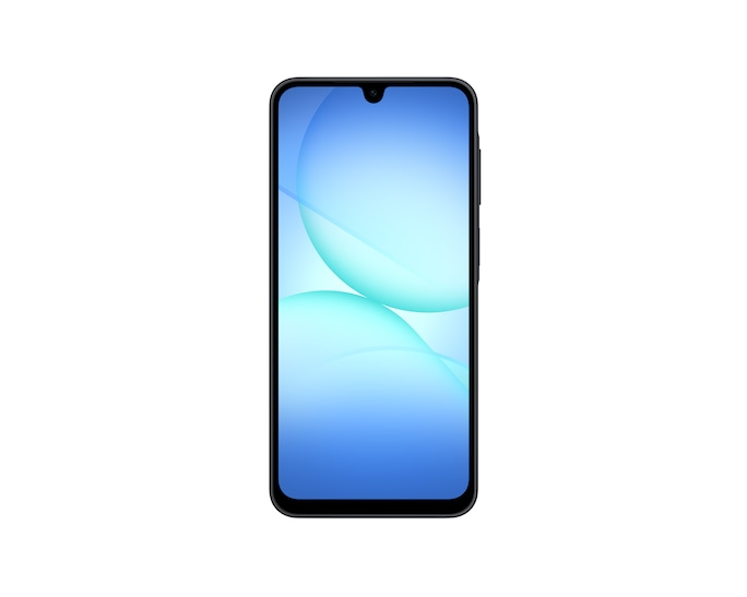 Ein schwarzes Smartphone mit einem blauen und türkisfarbenen Hintergrundbild.