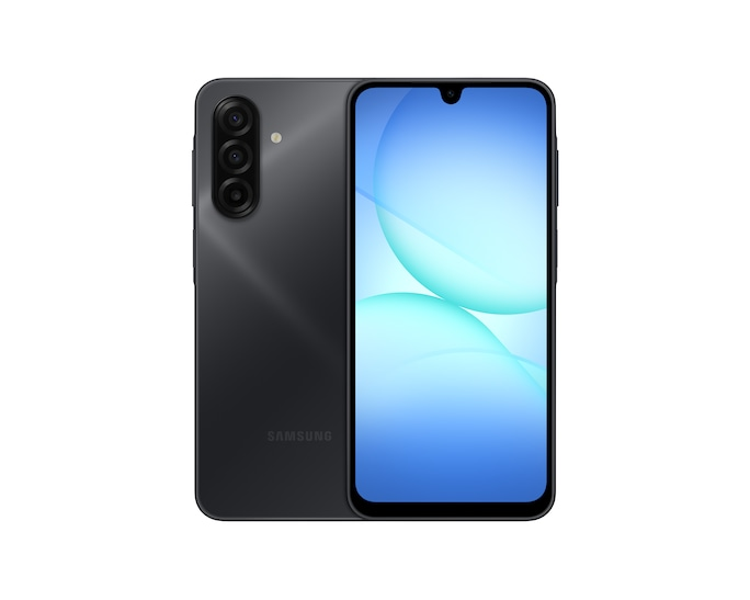 Schwarzes Smartphone mit drei Kameras auf der Rückseite und einem blauen Hintergrundbild.