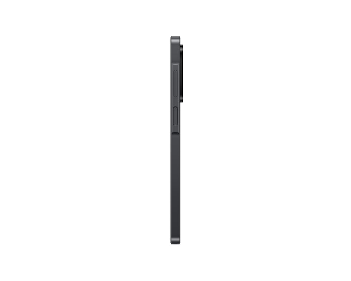 Ein dunkles Smartphone im Seitenprofil auf weißem Hintergrund.
