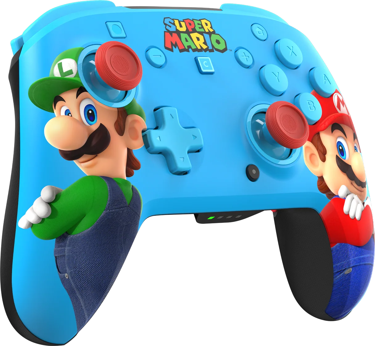 Ein blauer Nintendo-Controller mit Luigi und Mario.