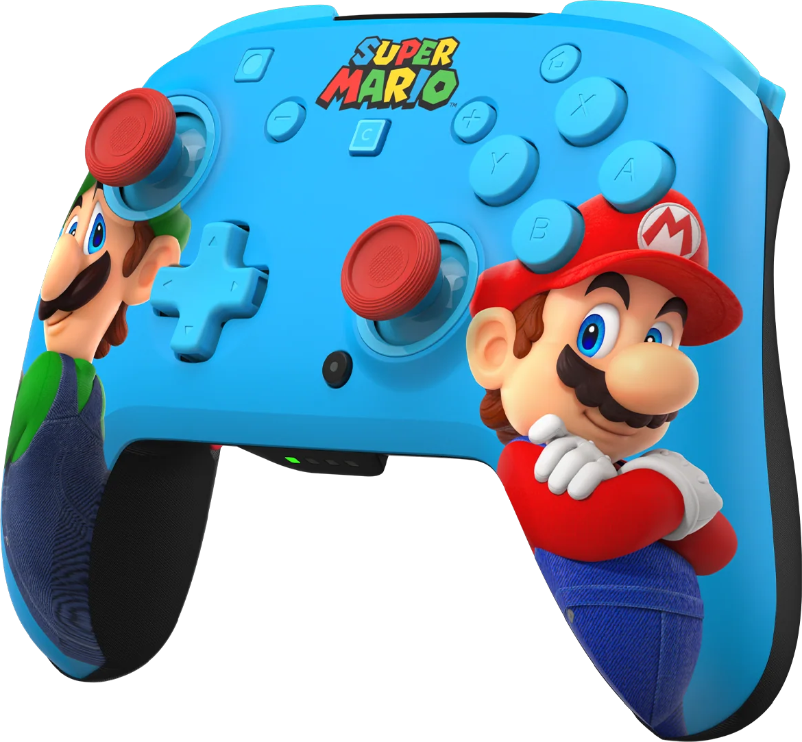 Blauer Super Mario Controller mit Mario- und Luigi-Figuren auf schwarzem Hintergrund.