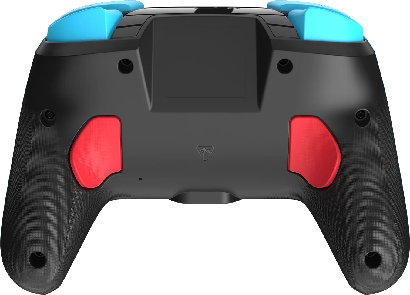 Schwarzer Controller mit blauen Tasten und roten Griffen, Ansicht von hinten.