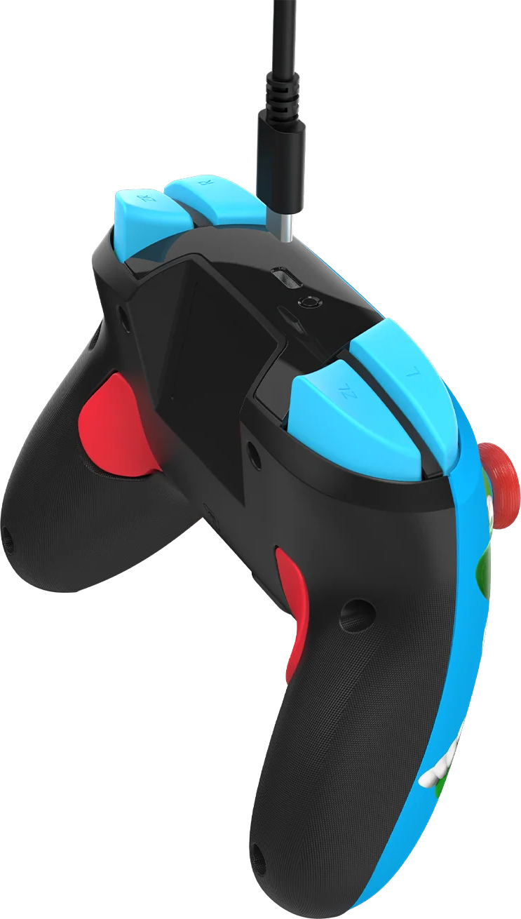 Schwarzer Gaming-Controller mit blauen und roten Tasten und Kabel.