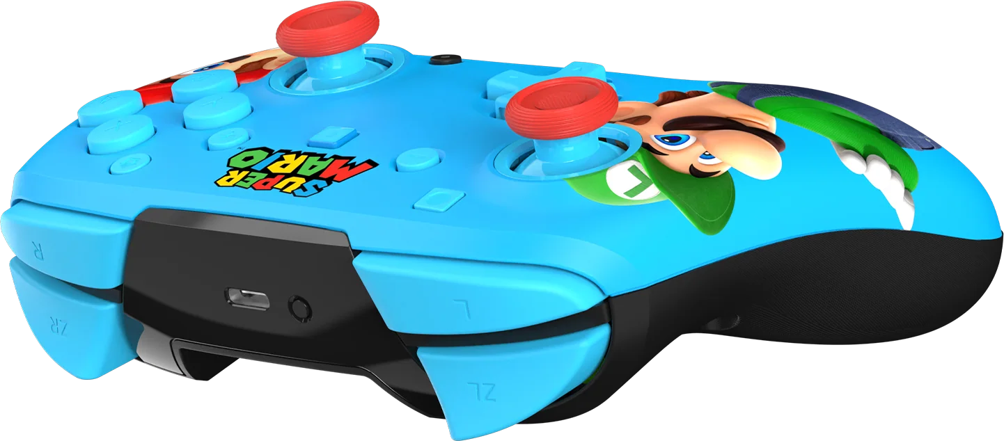 Blauer Controller mit Luigi und Super Mario-Logo. Rote Joysticks.