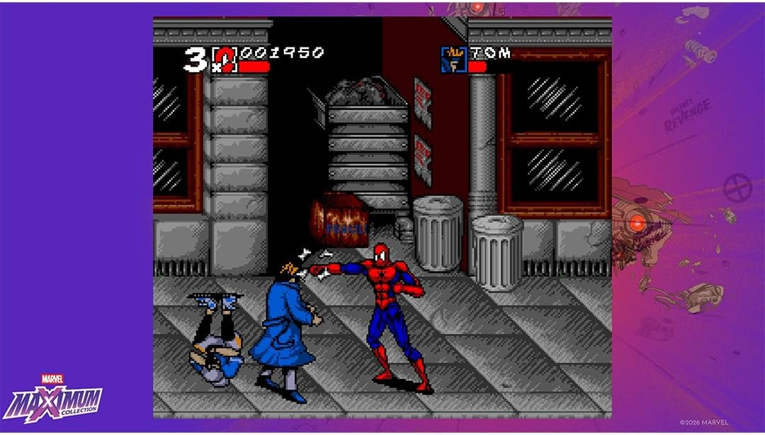 Spider-Man lucha contra un enemigo en un callejón con cubos de basura y edificios.