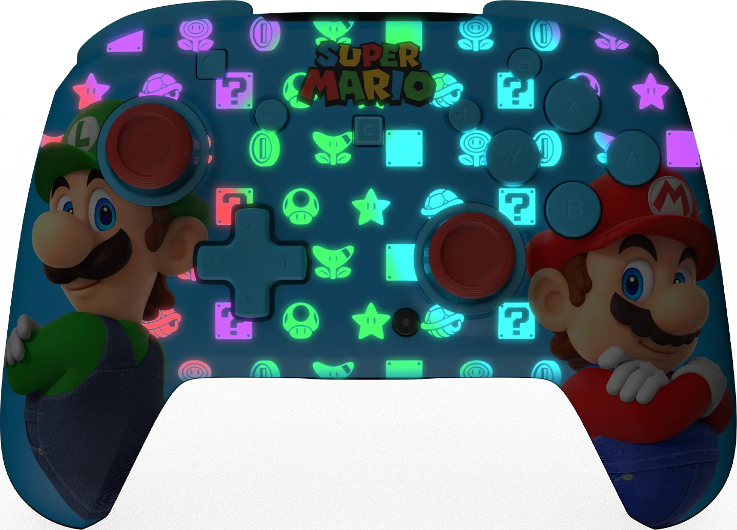 Super Mario Controller mit Luigi und Mario, beleuchtete Symbole.