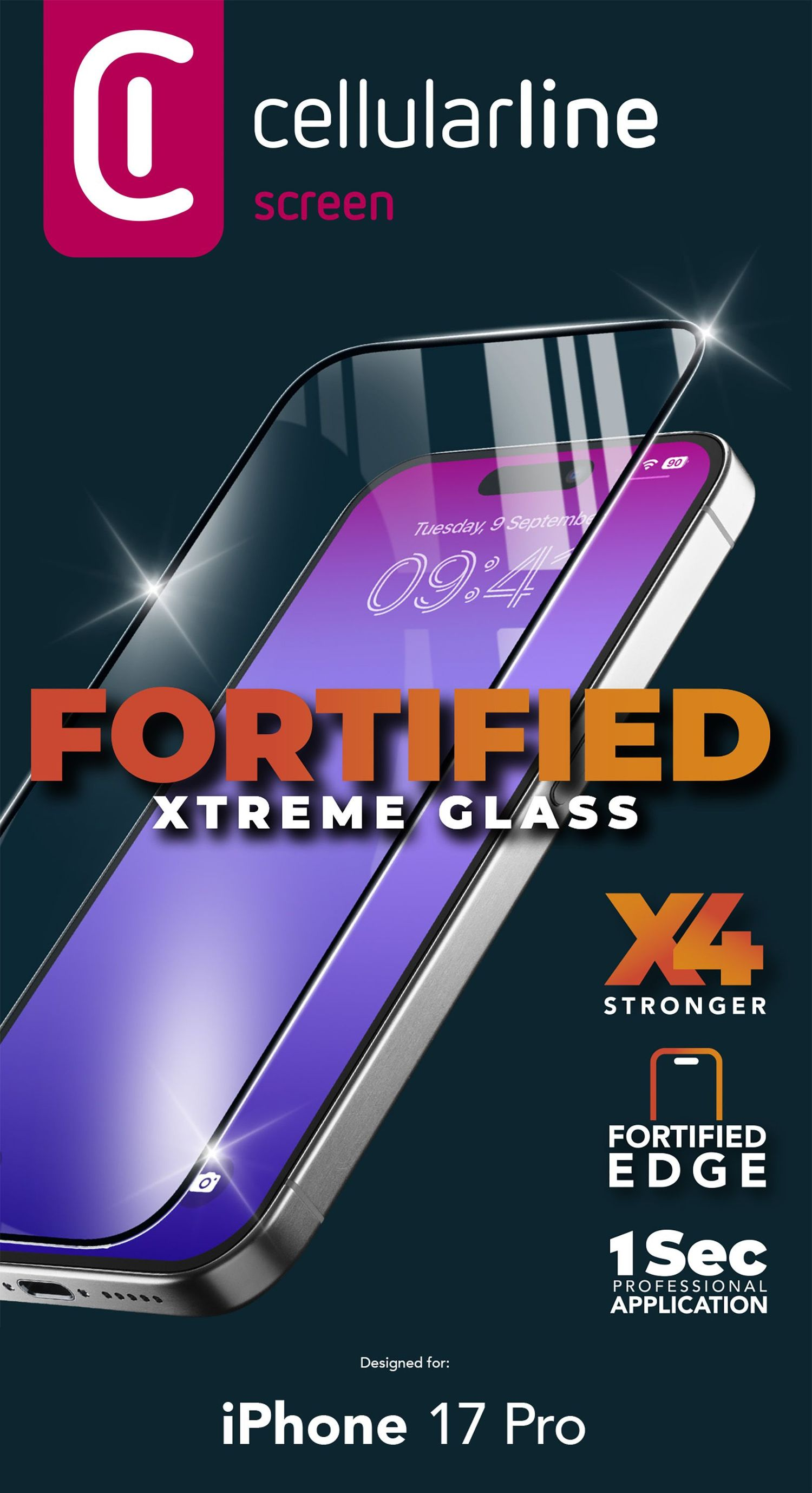 Protection d'écran Cellularline iPhone 17 Pro : Fortified Xtreme Glass, X4 plus résistant.