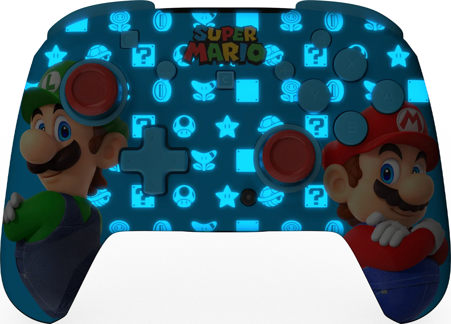 Ein blauer Controller mit Mario und Luigi, dekoriert mit Super Mario-Symbolen.