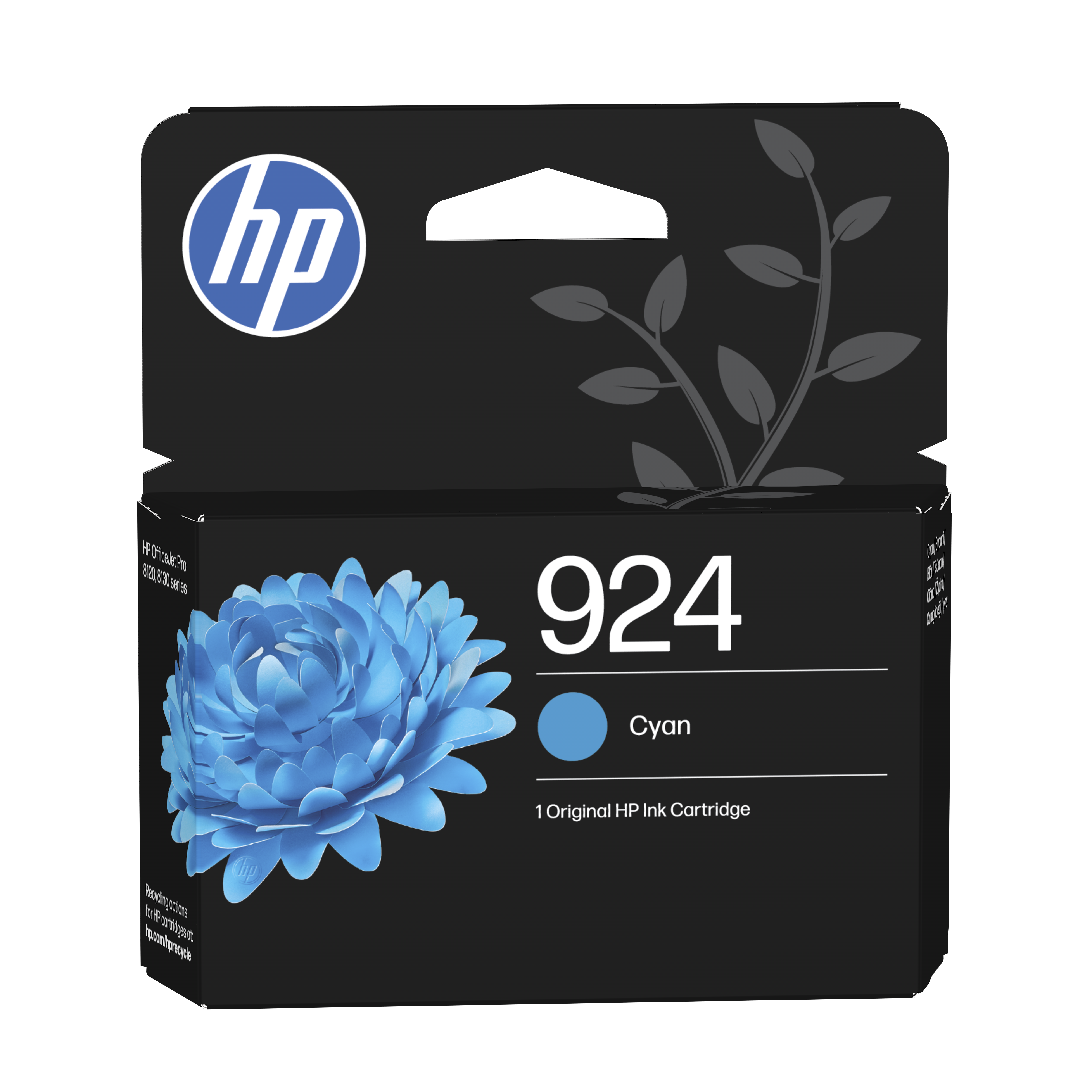HP 924 Cyan ink cartridge with blue flower design and HP logo.