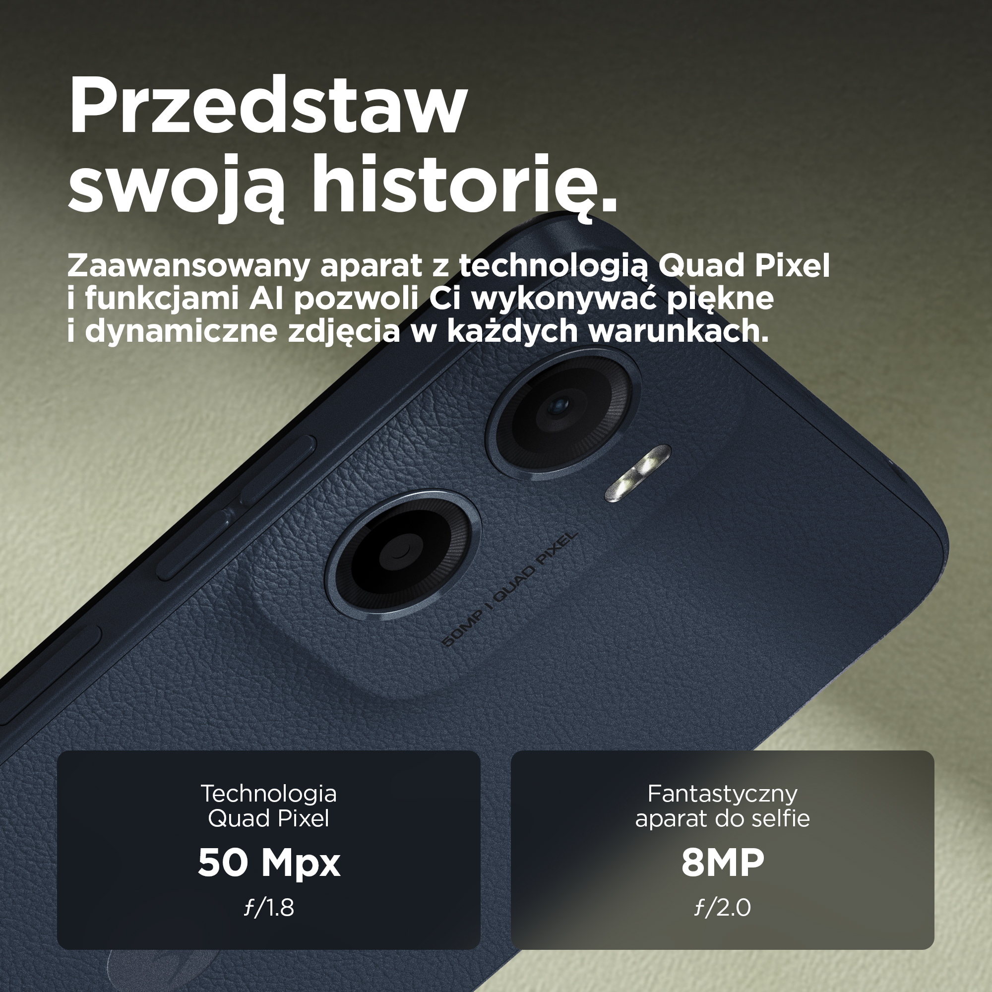 Ciemnoniebieski smartfon z podwójnym tylnym aparatem i tekstem.