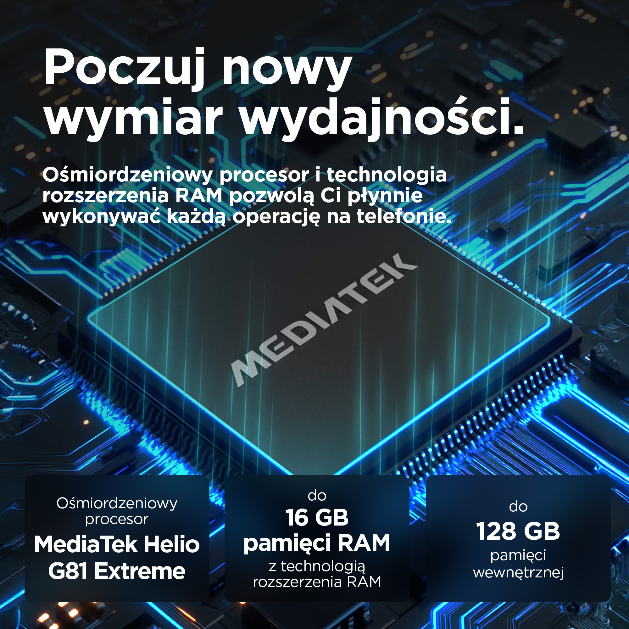 Procesor Mediatek z 16 GB RAM i 128 GB pamięci na tle płytki drukowanej.