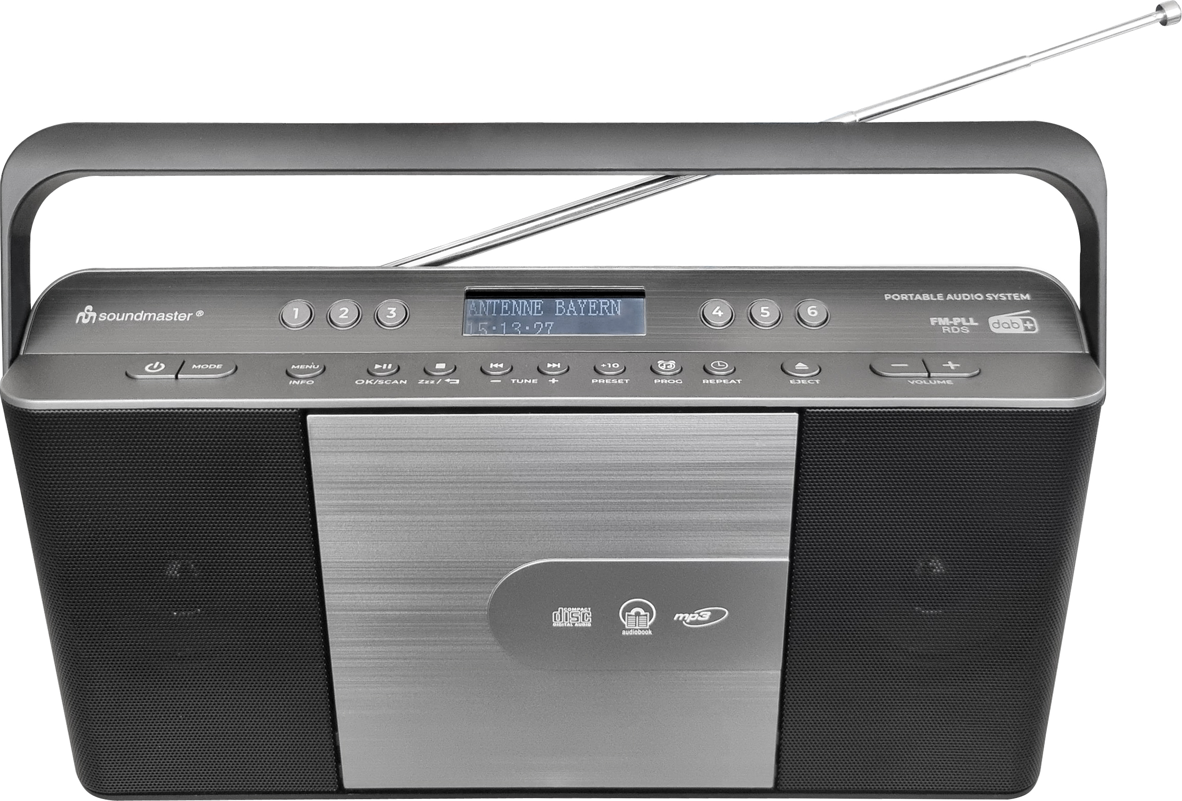 Lecteur CD/radio portable gris avec antenne et boutons.