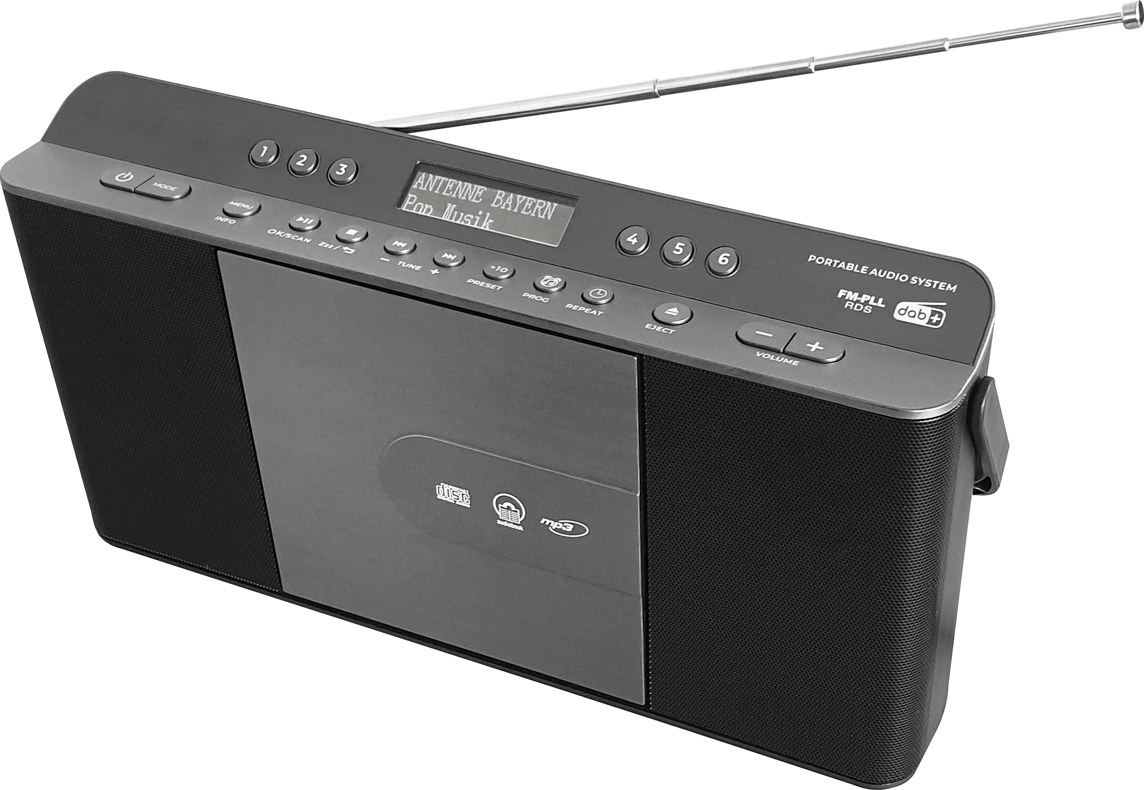 Un lecteur CD portable noir avec antenne et écran affichant 'Antenne Bayern Pop Musik'.