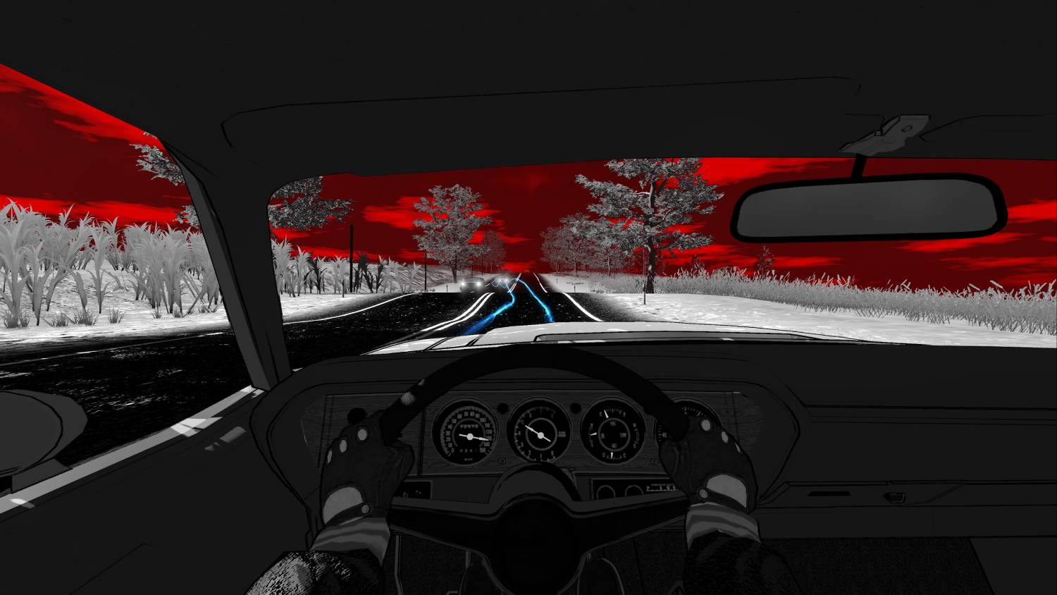 Vista desde el coche a la carretera con cielo rojo, árboles y campos.