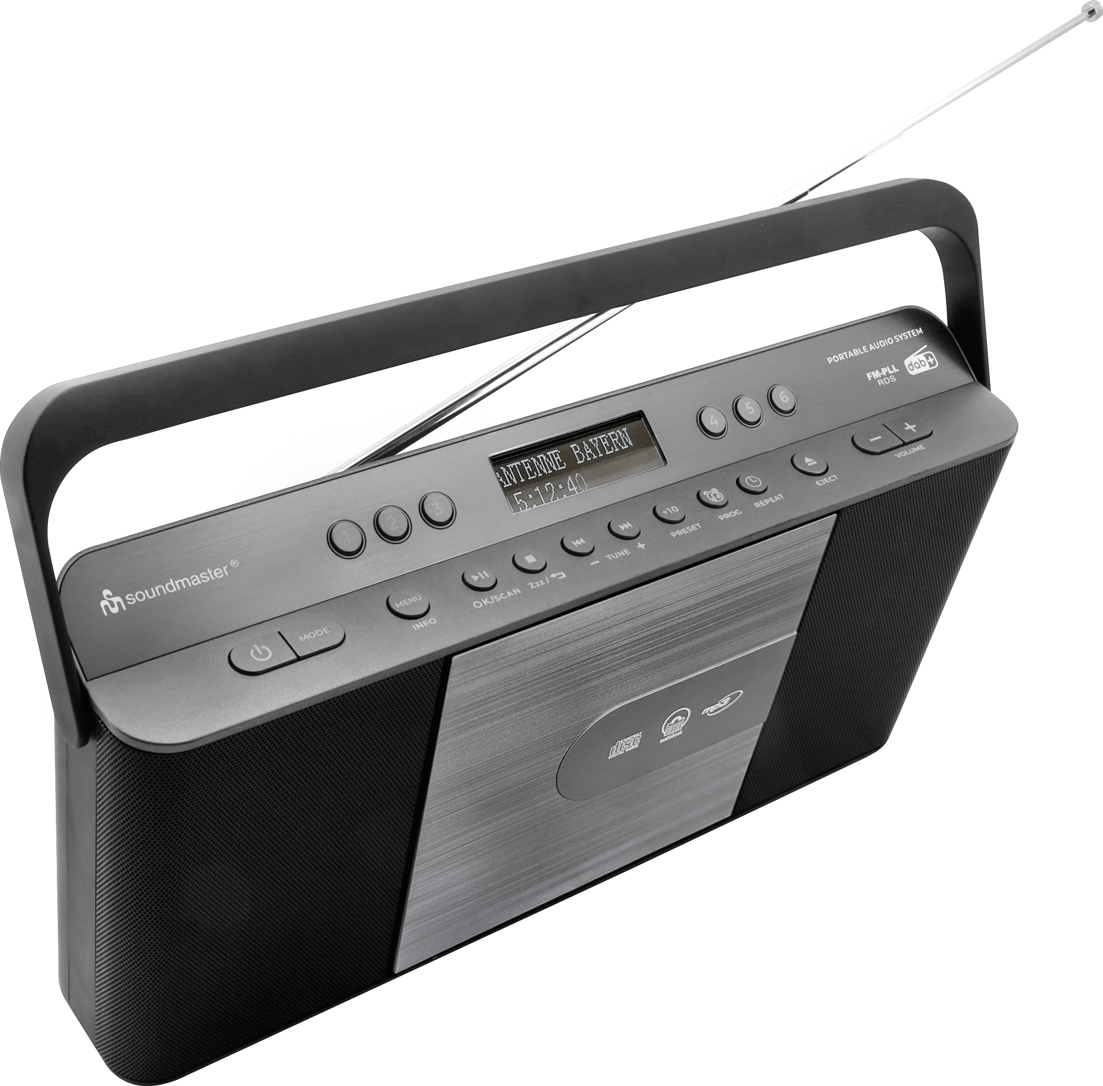 Une radio CD Soundmaster grise avec antenne extensible et écran.